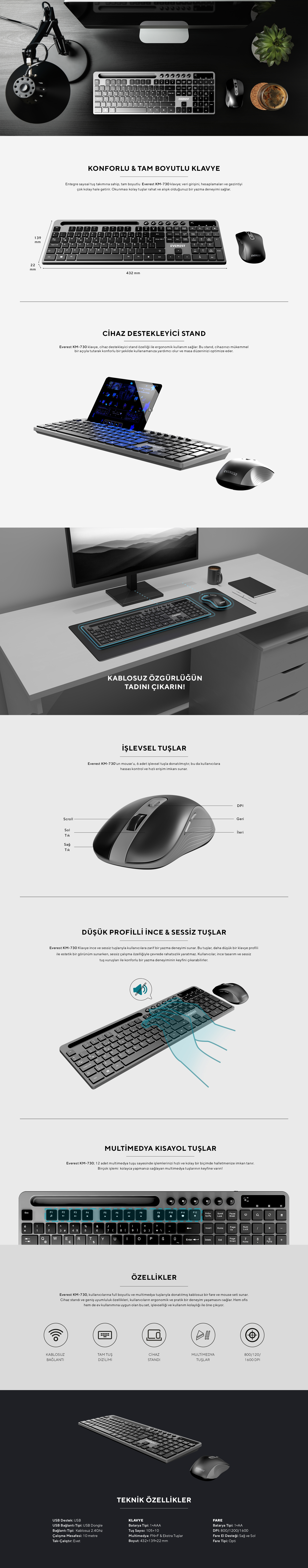 Everest KM-730 Gri/Siyah Kablosuz Q Multimedia Klavye + Mouse Set